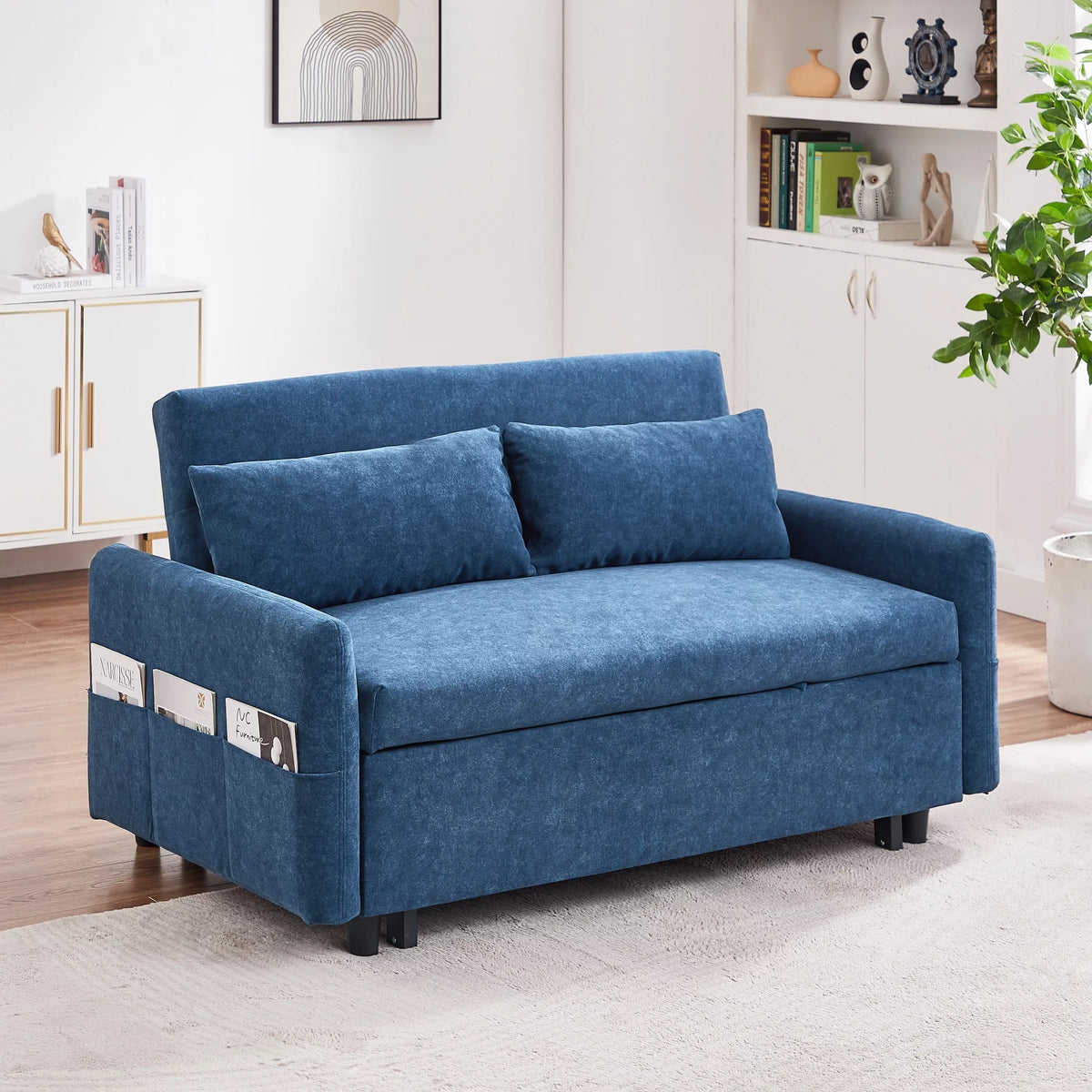Blue Pull Out Sleep Sofa Bed with Adjustable Backrest and Storage Pockets L1311
