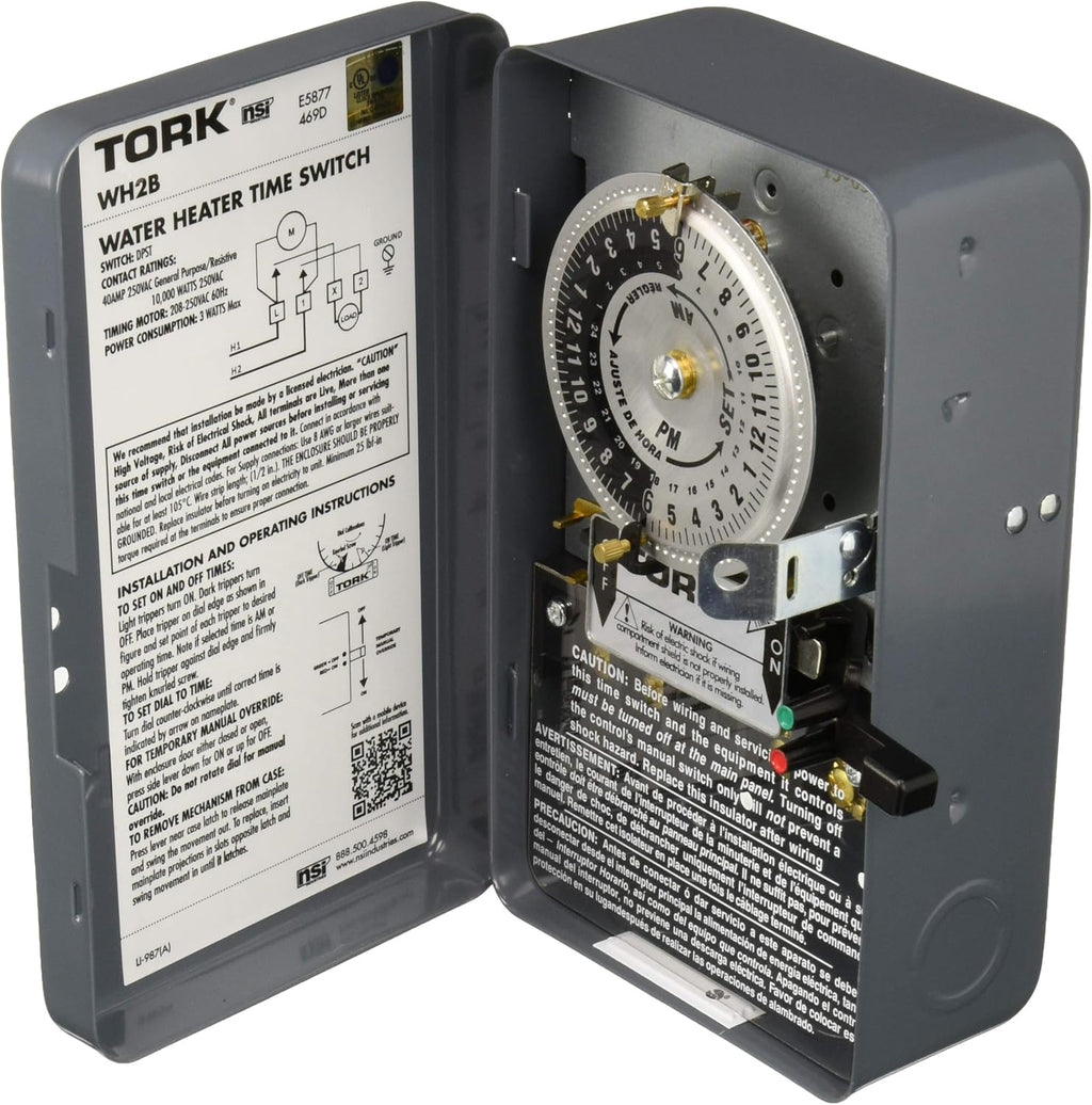 Mechanical Water Heater Time Switch, 24-Hour, 208/250V, 40A, DPST, Gray Q86798