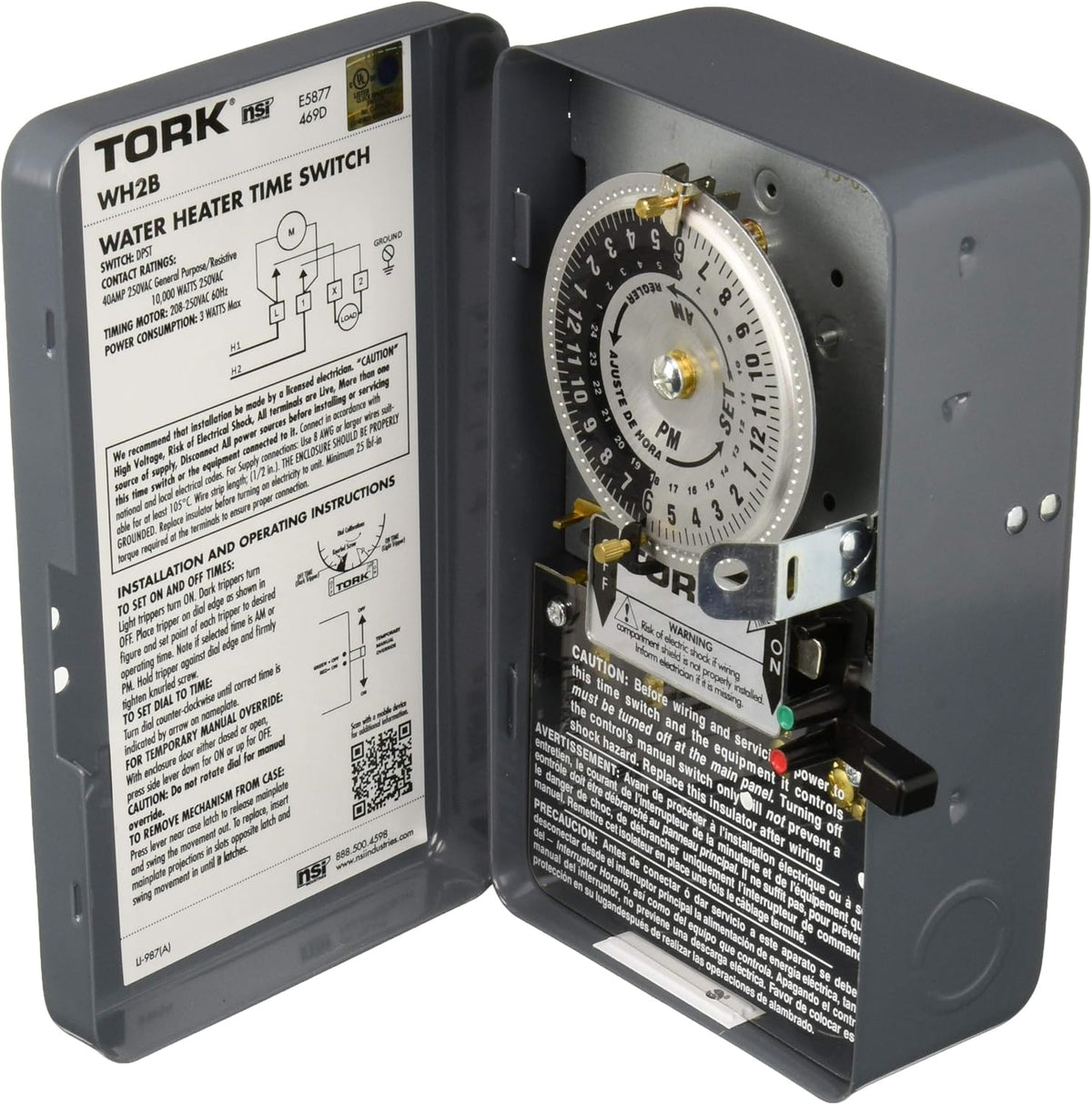 Mechanical Water Heater Time Switch, 24-Hour, 208/250V, 40A, DPST, Gray Q86798