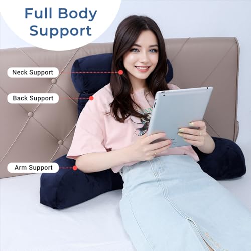 Grey Backrest Pillow with Arms, Headrest, Pockets, Removable Washable Cover, Detachable Neck Roll (Large 27") E938