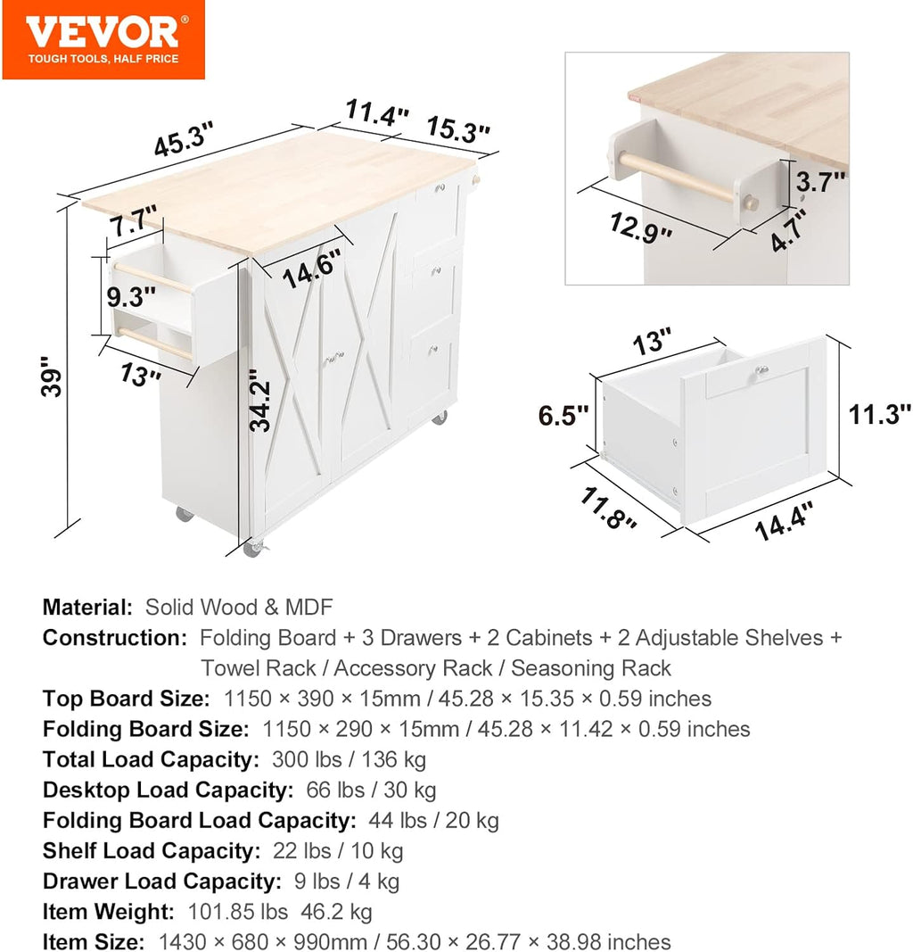 White Solid Wood Top Kitchen Island Cart with Storage Cabinet and Drop Leaf X7786