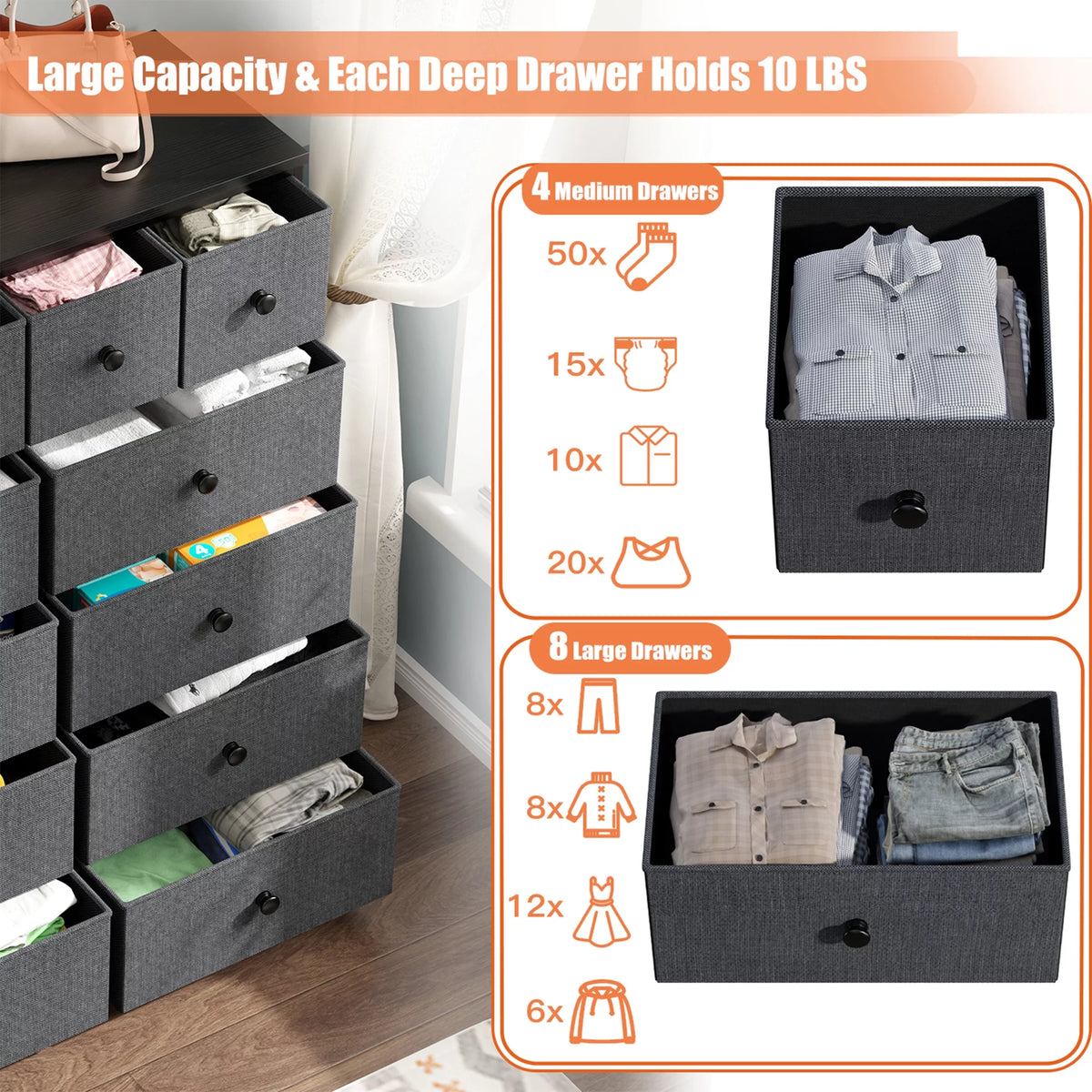 9 Drawer Fabric Dresser with Shelves E853397
