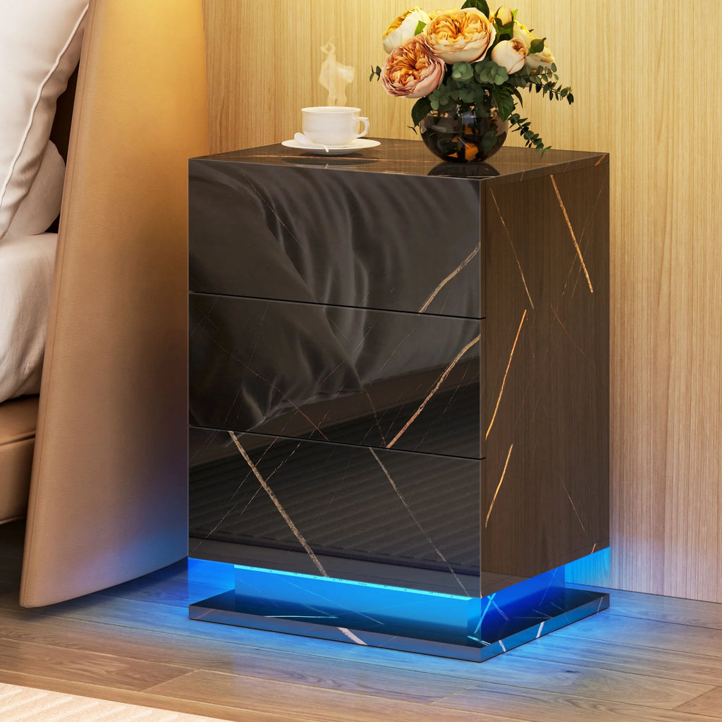 Set of 2 LED Nightstand with Drawer, Marble Black P847087