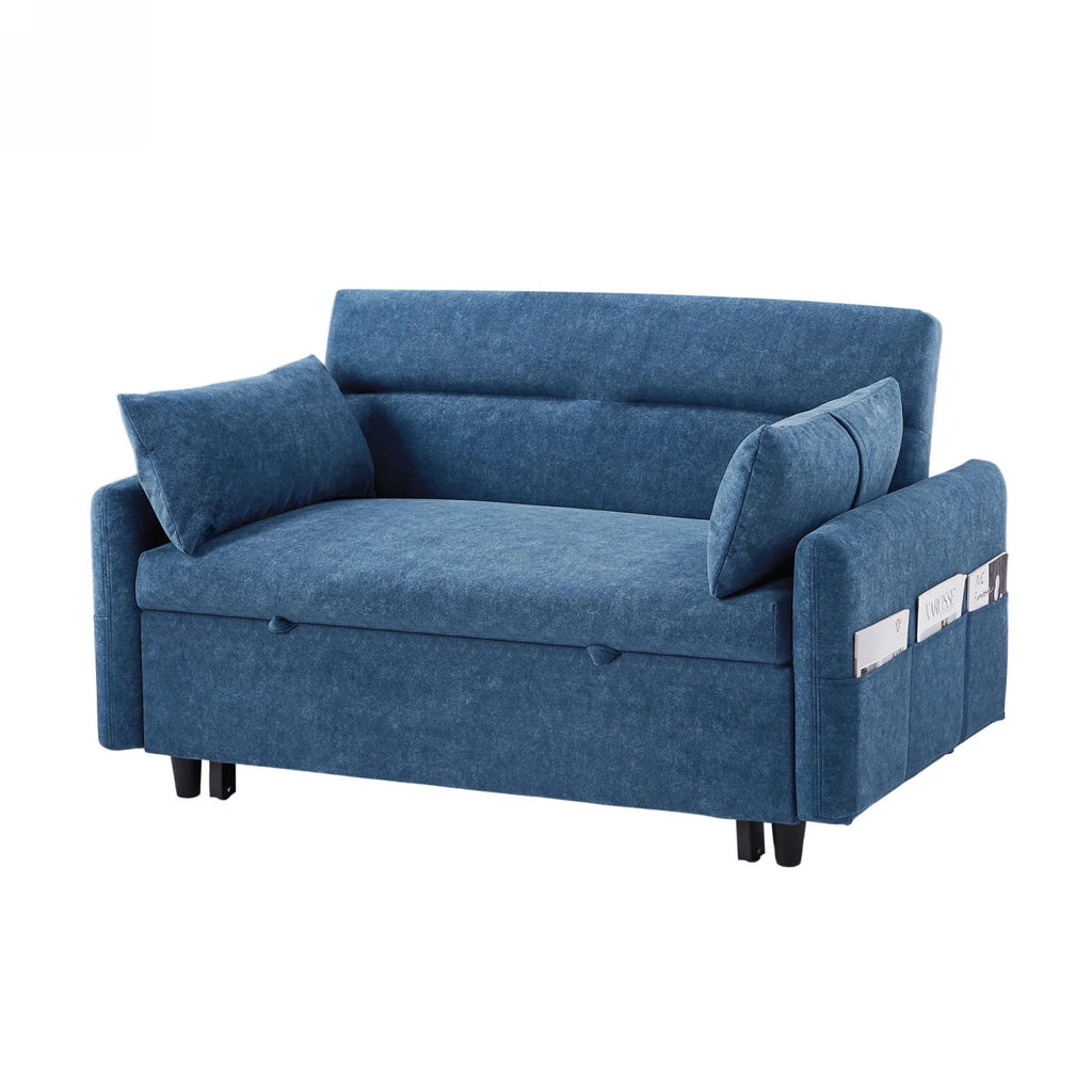 Blue Pull Out Sleep Sofa Bed with Adjustable Backrest and Storage Pockets L1311