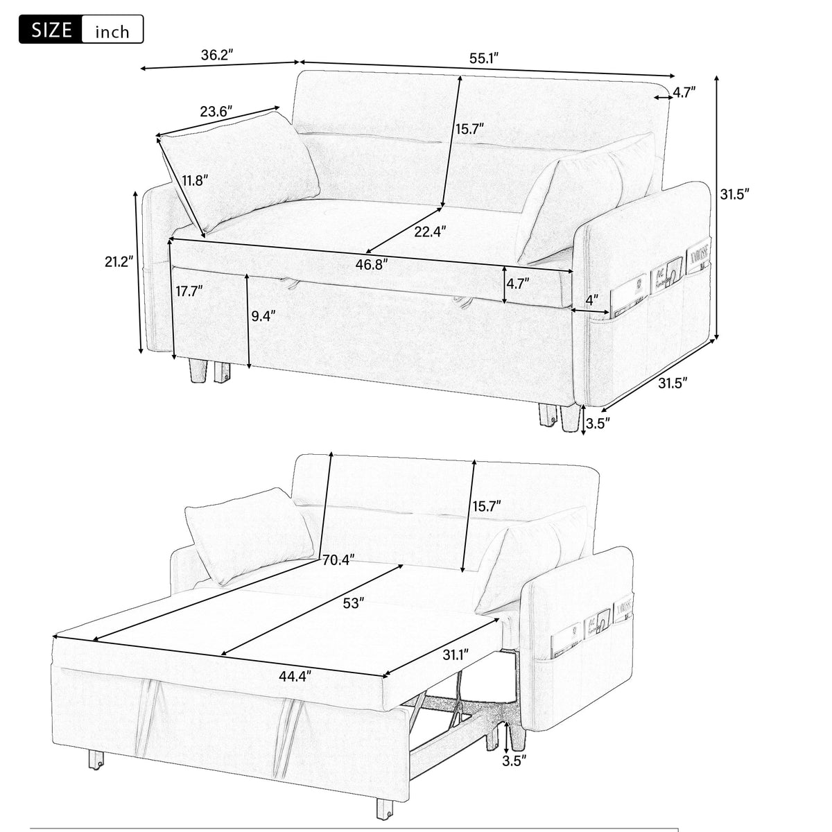 Blue Pull Out Sleep Sofa Bed with Adjustable Backrest and Storage Pockets L1311