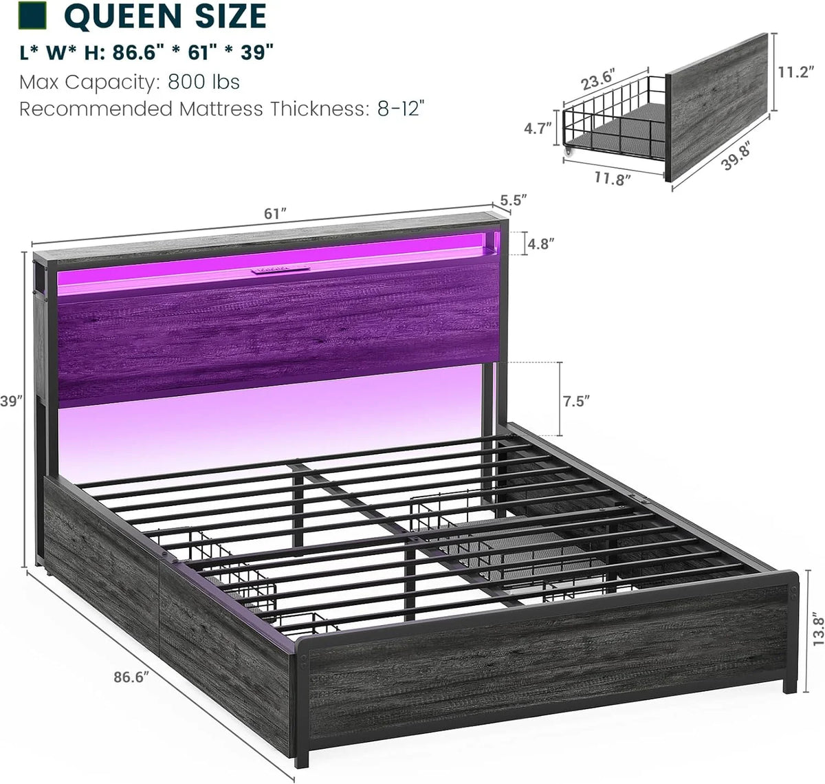 Black Oak Queen Size Bed Frame with 4 Storage Drawers O27514
