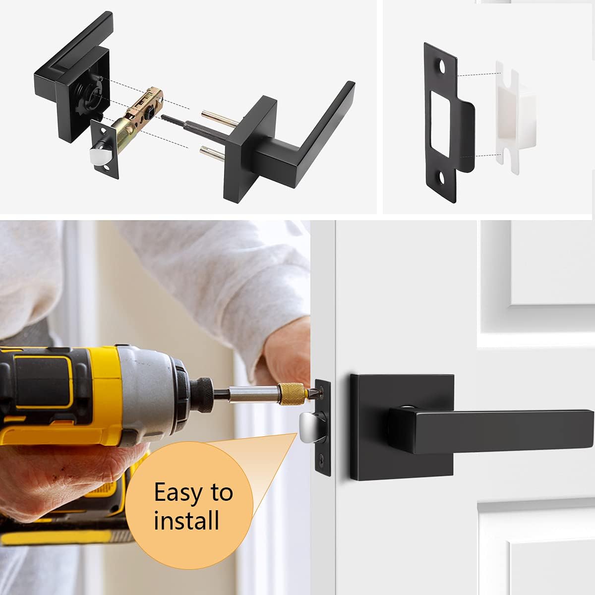 Matte Black Privacy Door Levers with Square Rosette Q77025