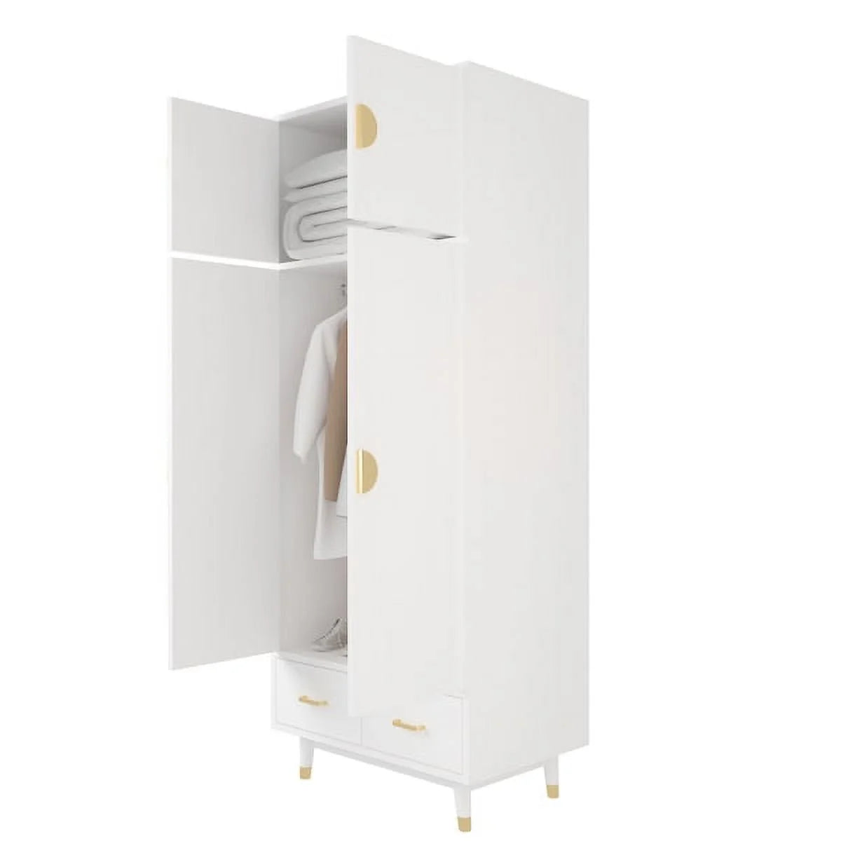 4 Door Wood Wardrobe with Clothing Rod and 2 Drawers, White C98267