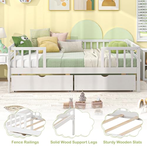 White Twin Wood Kids Bed with Storage Drawers X90657
