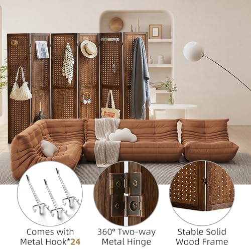 Natural Solid Wood 4 Panel Room Divider with Shelves and 16 Hooks G785734