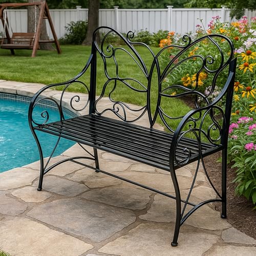 Black Cast Iron Metal Outdoor Bench with Armrests V929901