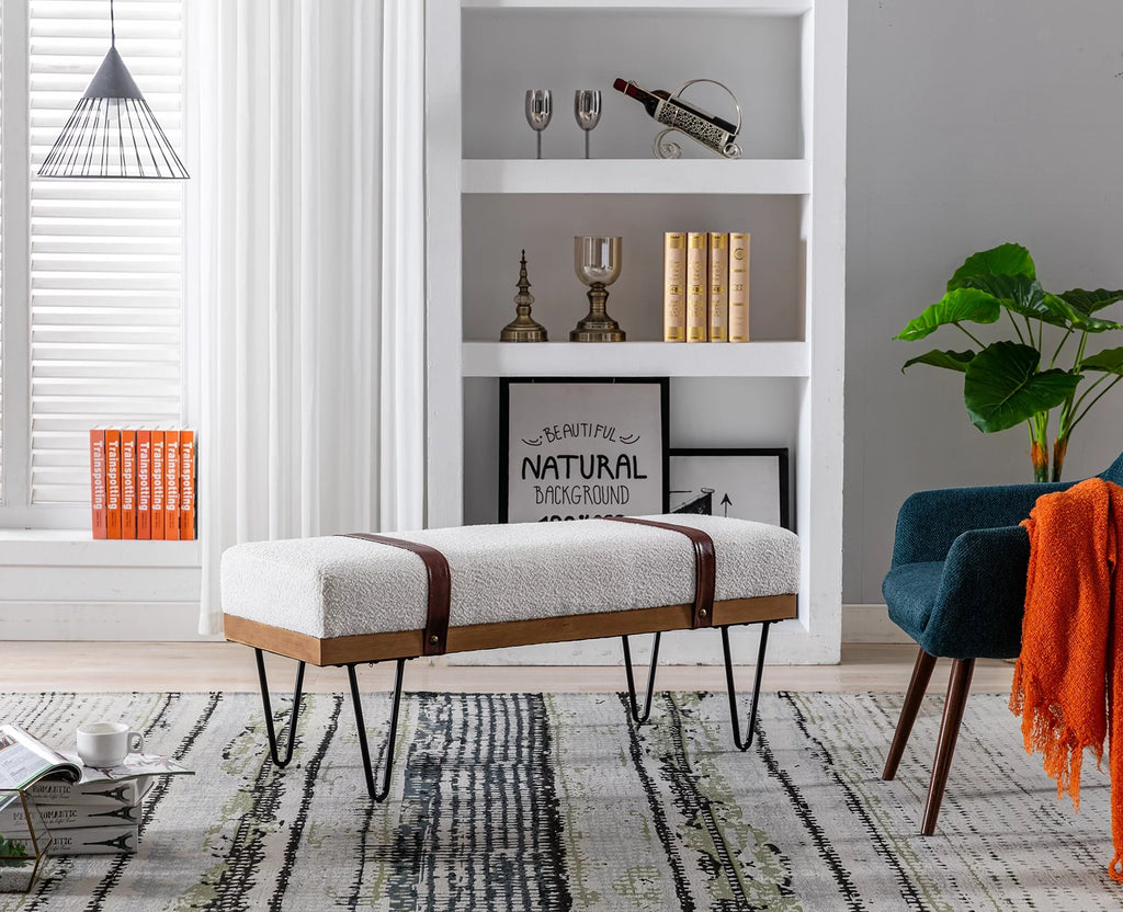 White Faux Fur Upholstered Ottoman Bench with Metal Legs E8972
