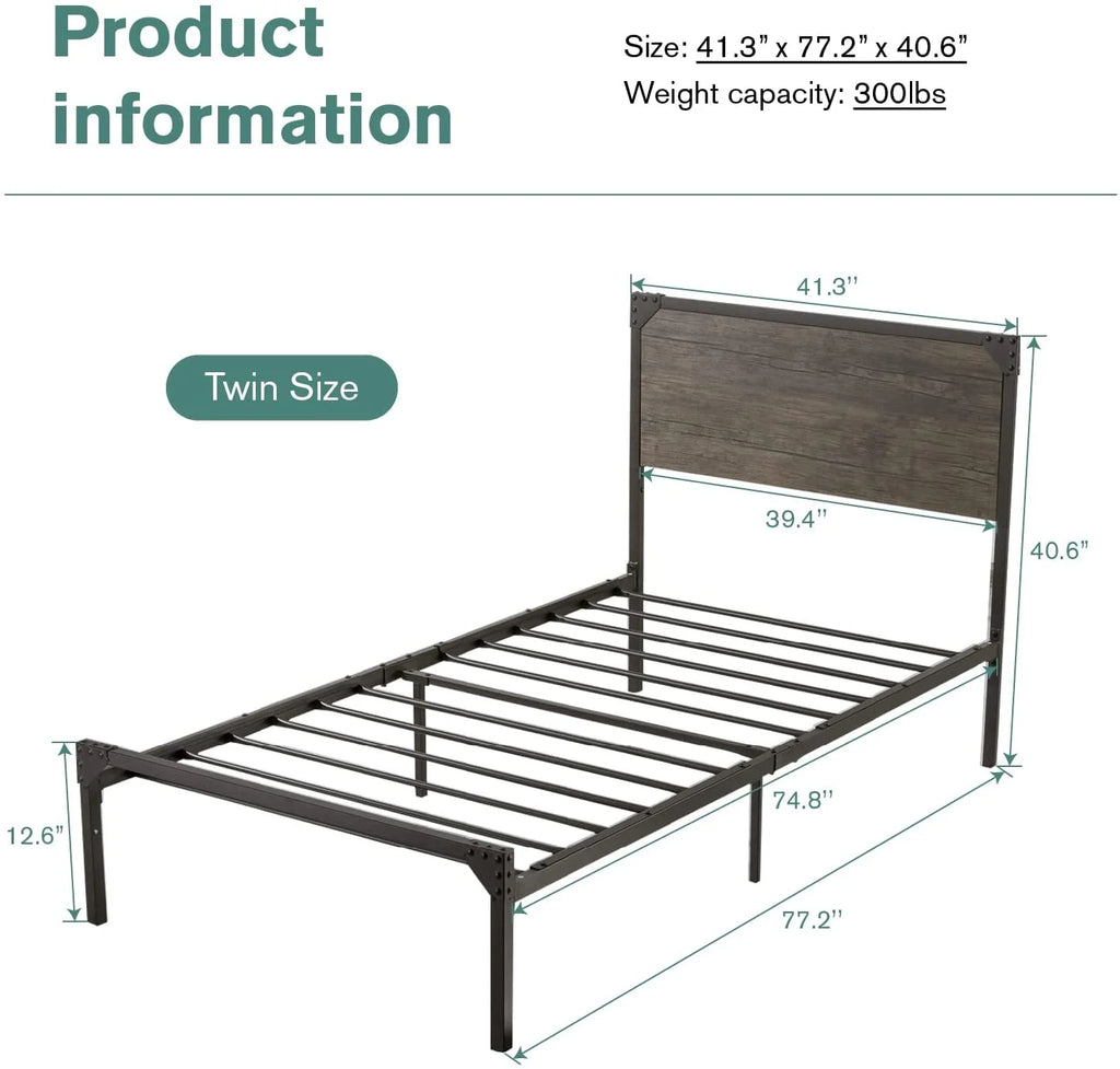 Twin Size Metal Platform Bed Frame with Wood Headboard X160776
