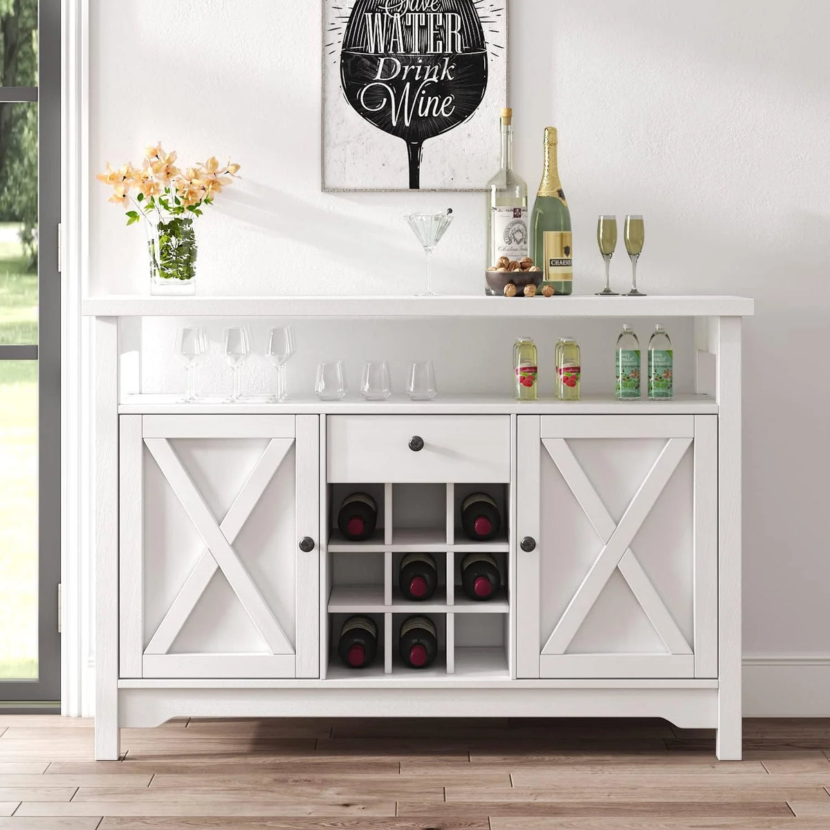 White Coffee Bar Cabinet with 9 Wine Racks L5163