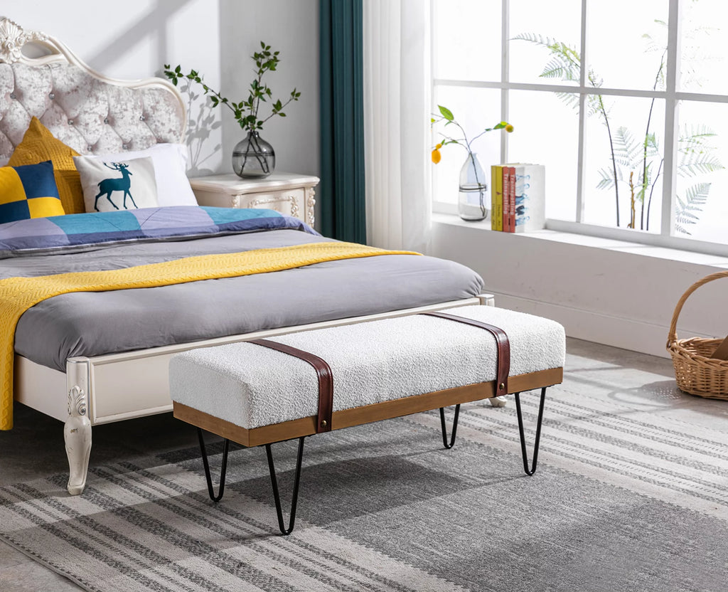 White Faux Fur Upholstered Ottoman Bench with Metal Legs E8972