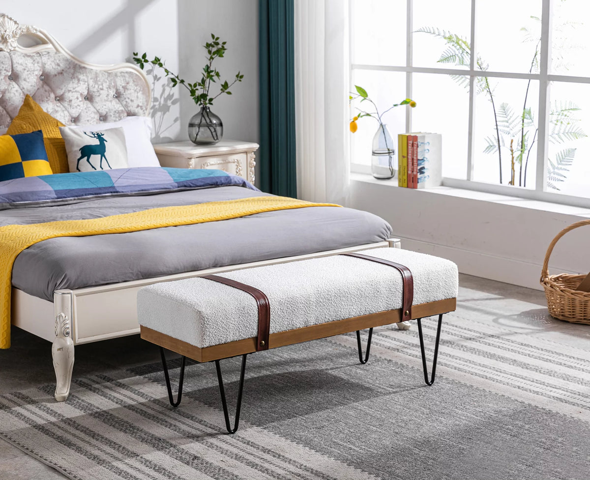 White Faux Fur Upholstered Ottoman Bench with Metal Legs E8972