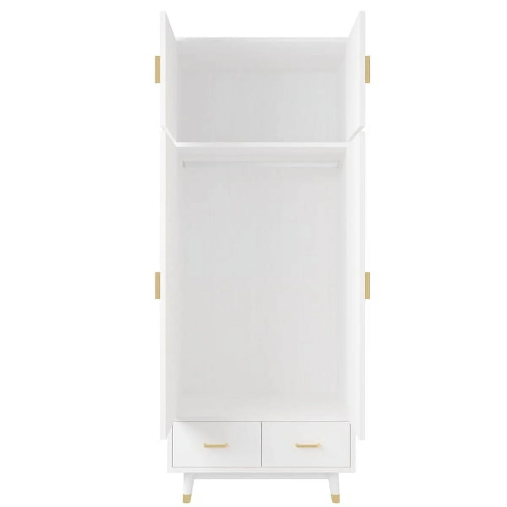 4 Door Wood Wardrobe with Clothing Rod and 2 Drawers, White C98267