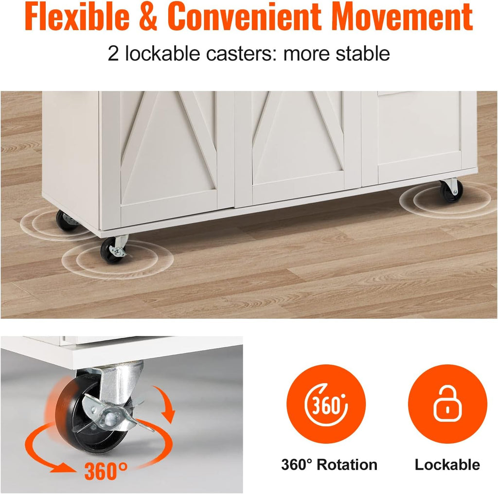 White Solid Wood Top Kitchen Island Cart with Storage Cabinet and Drop Leaf X7786