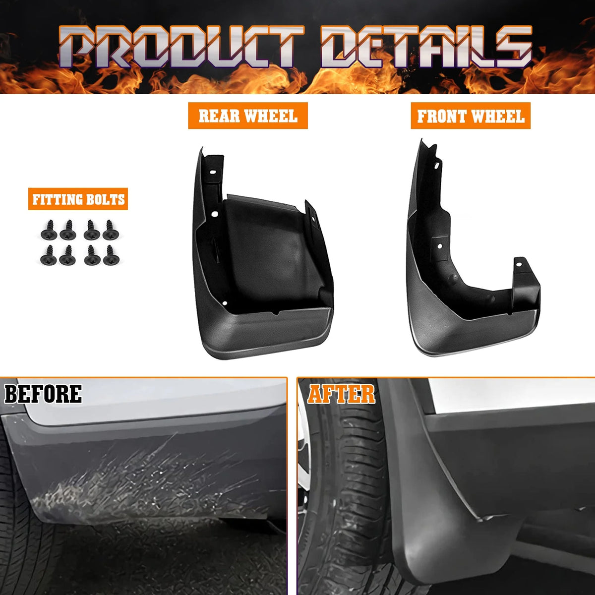 4PCS Front & Rear Mud Flap Splash Guards Fender Flare Mudguard Full Set with Hardware Accessories P32176