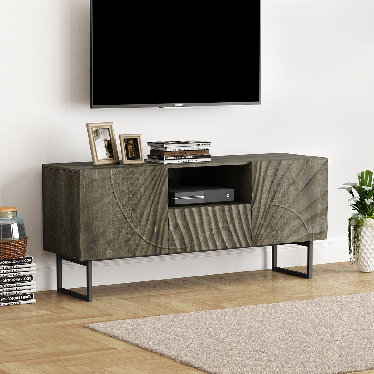 57" Wooden TV Stand with Metal Legs O274