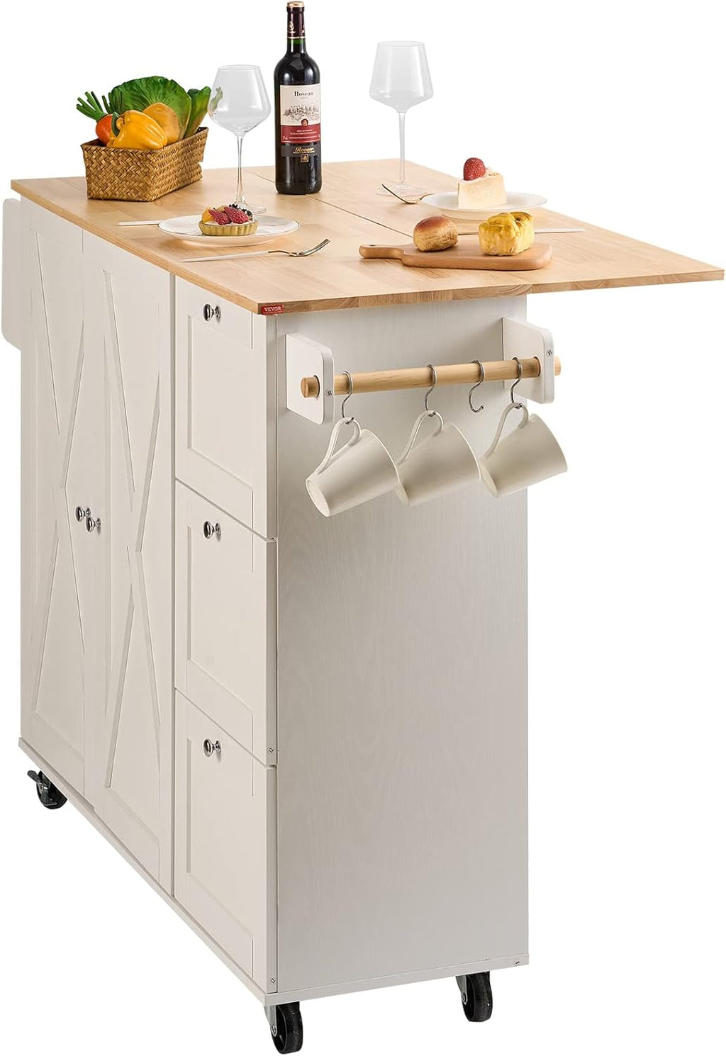 White Solid Wood Top Kitchen Island Cart with Storage Cabinet and Drop Leaf X7786