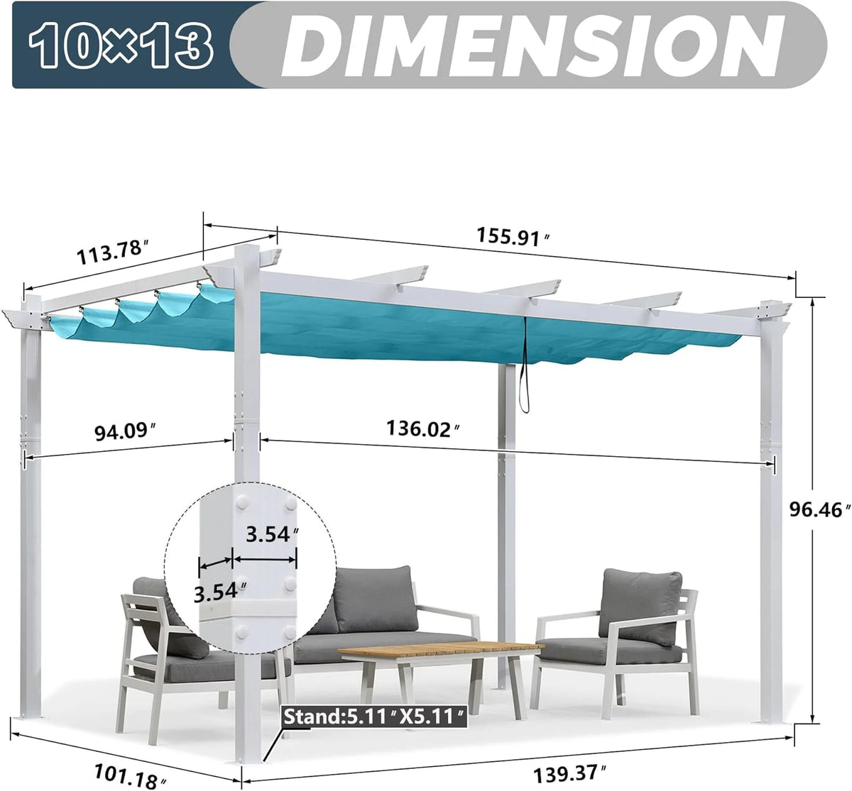 10' x 13' Outdoor Retractable Aluminum White Pergola with Sun Shade Canopy R74569