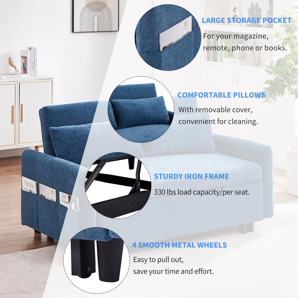 Blue Pull Out Sleep Sofa Bed with Adjustable Backrest and Storage Pockets L1311