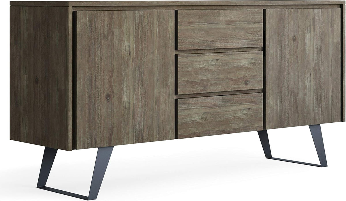 Rustic Natural Aged Brown Solid Acacia Wood and Metal Rectangle Sideboard Buffet with Storage Compartment and 3 Drawers Y9982