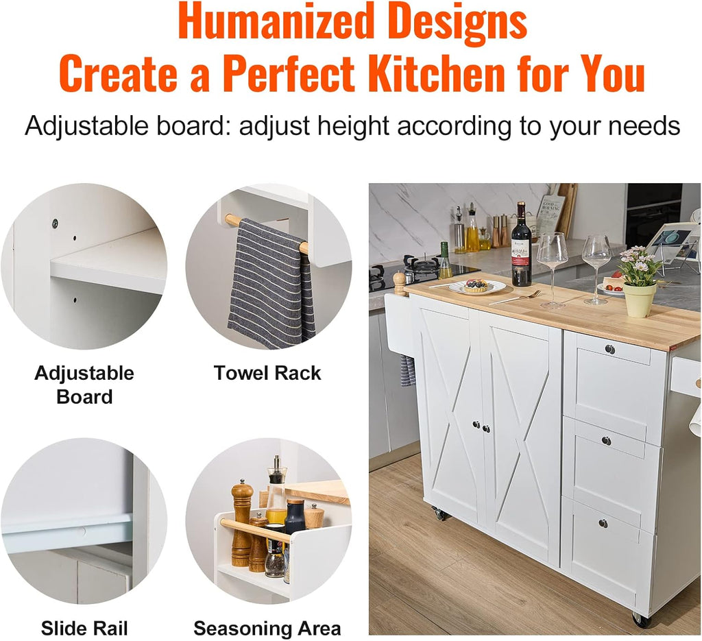 White Solid Wood Top Kitchen Island Cart with Storage Cabinet and Drop Leaf X7786