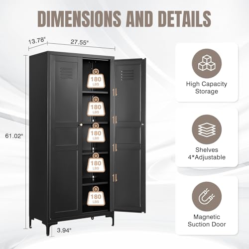 Black 5 Tier Metal Storage Cabinet with 2 Doors and 5 Adjustable Shelves H786