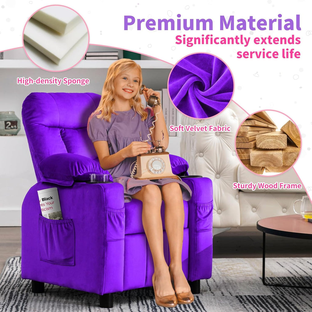 Purple Velvet Toddlers Kids Recliner Chair with Cup Holder D52587