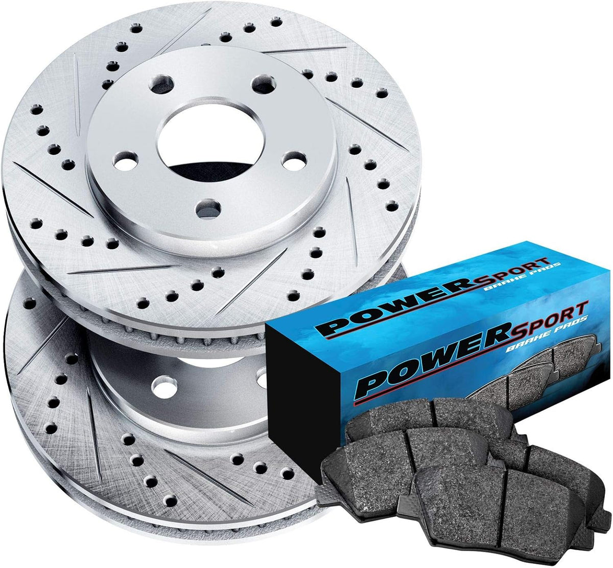 Silver Drilled Slotted Brake Rotors and Semi Metallic Brake Pads D35448