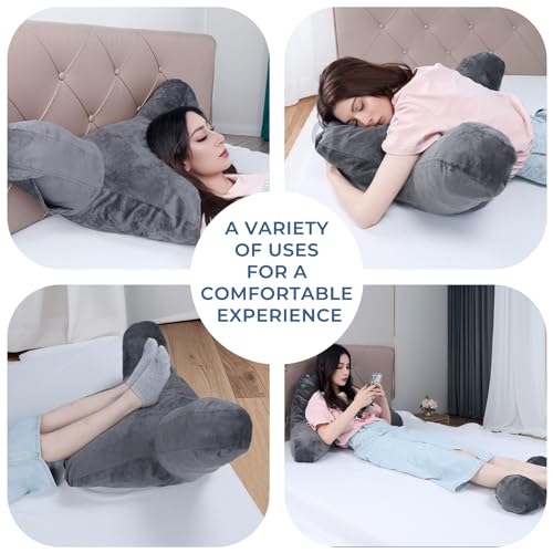 Grey Backrest Pillow with Arms, Headrest, Pockets, Removable Washable Cover, Detachable Neck Roll (Large 27") E938