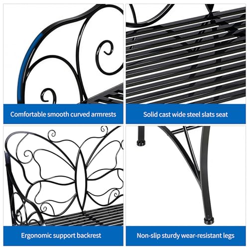 Black Cast Iron Metal Outdoor Bench with Armrests V929901