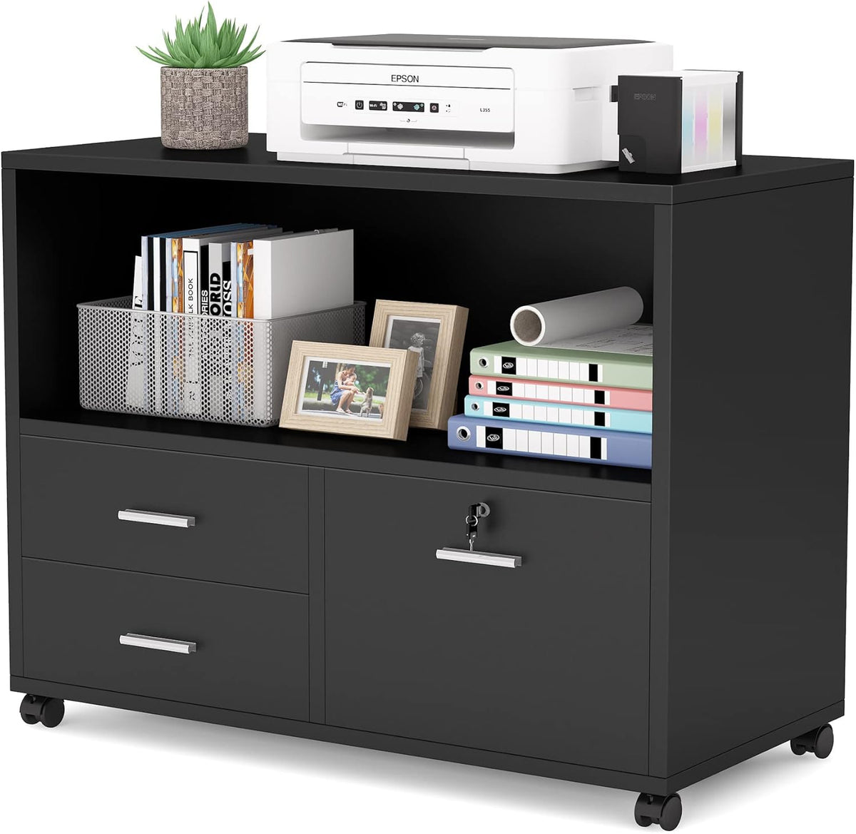 3 Drawer Mobile File Cabinet with Lock and Open Storage Shelves U741
