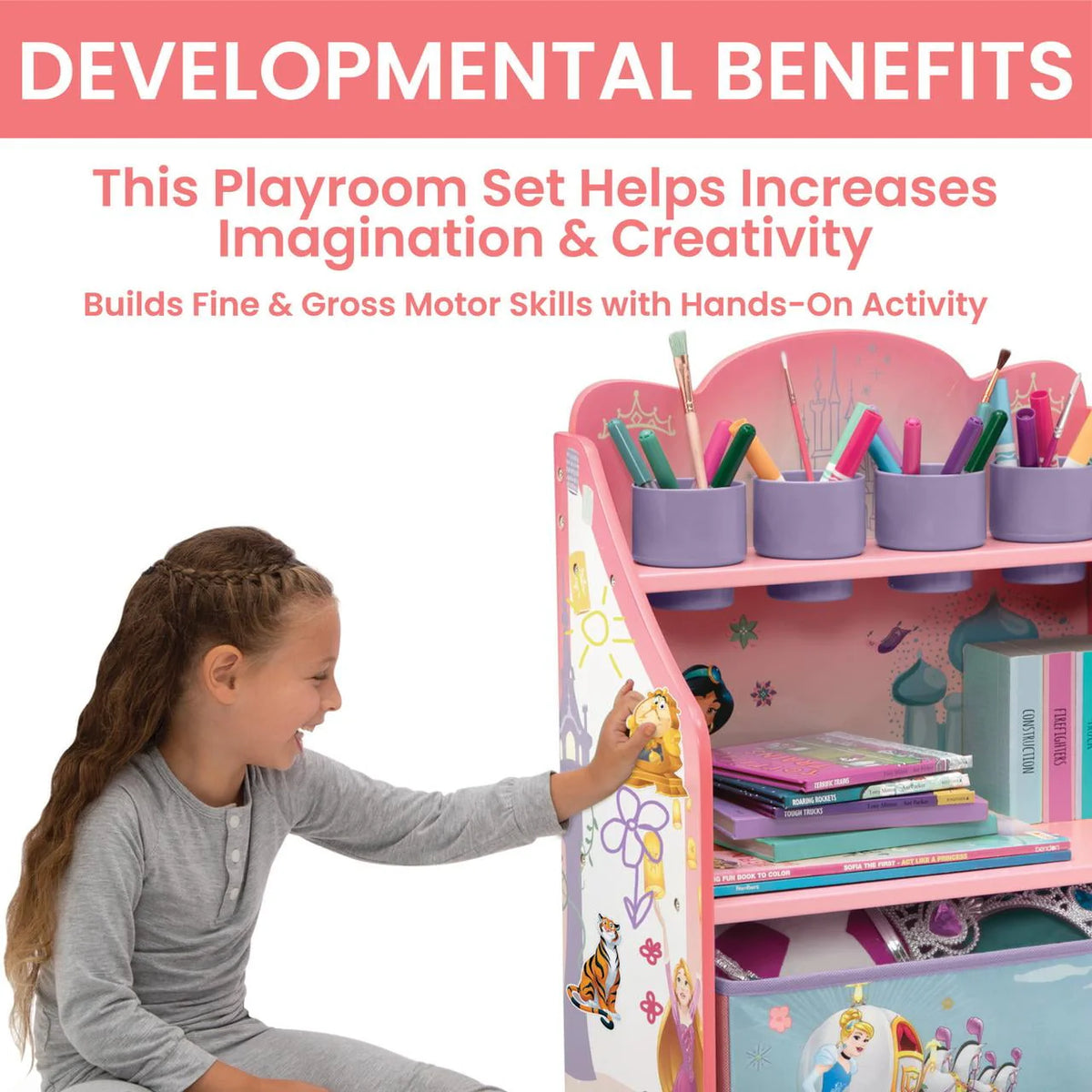 Pink 3-Piece Toddler Art & Play Set with Desk, Storage Station & Toy Box D98906