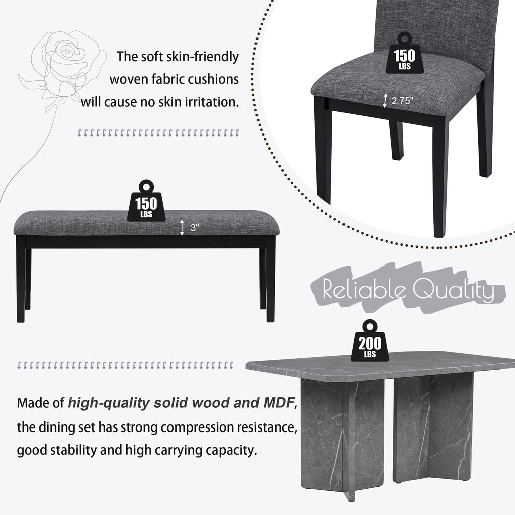 6-Piece Faux Marble Dining Set with 4 Chairs and 1 Bench V966115