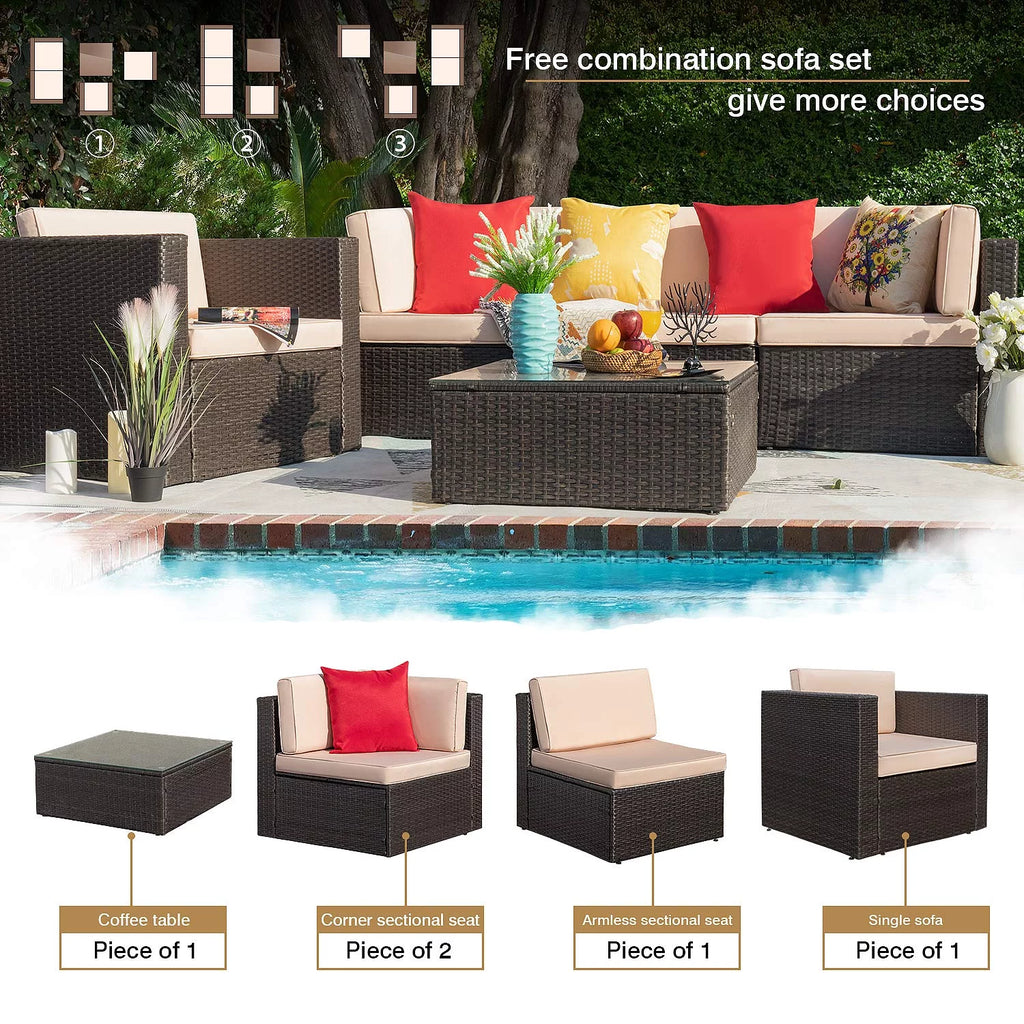5 Pieces Patio Conversation Set Rattan Sectional Sofa with Glass Table Y703