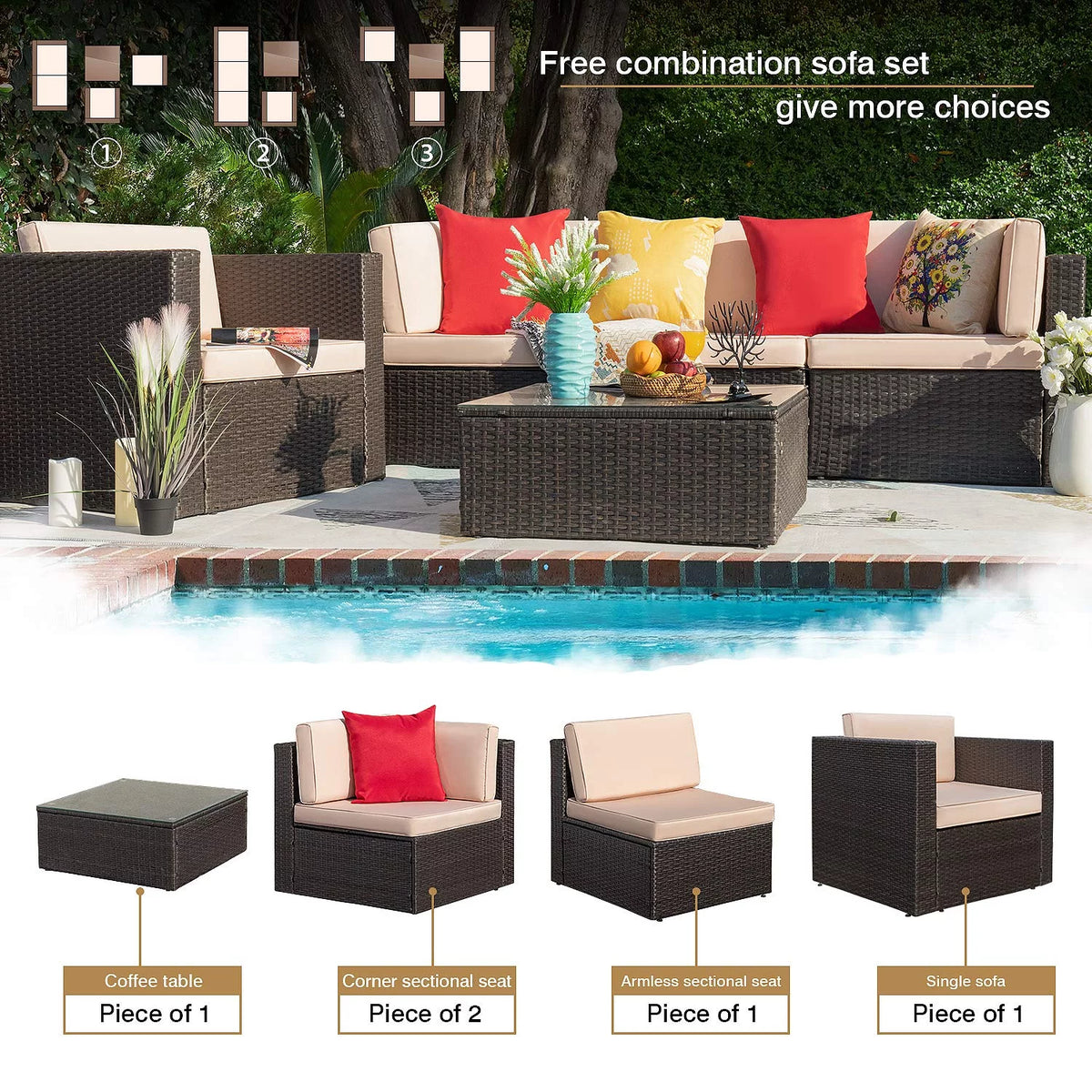 5 Pieces Patio Conversation Set Rattan Sectional Sofa with Glass Table Y703