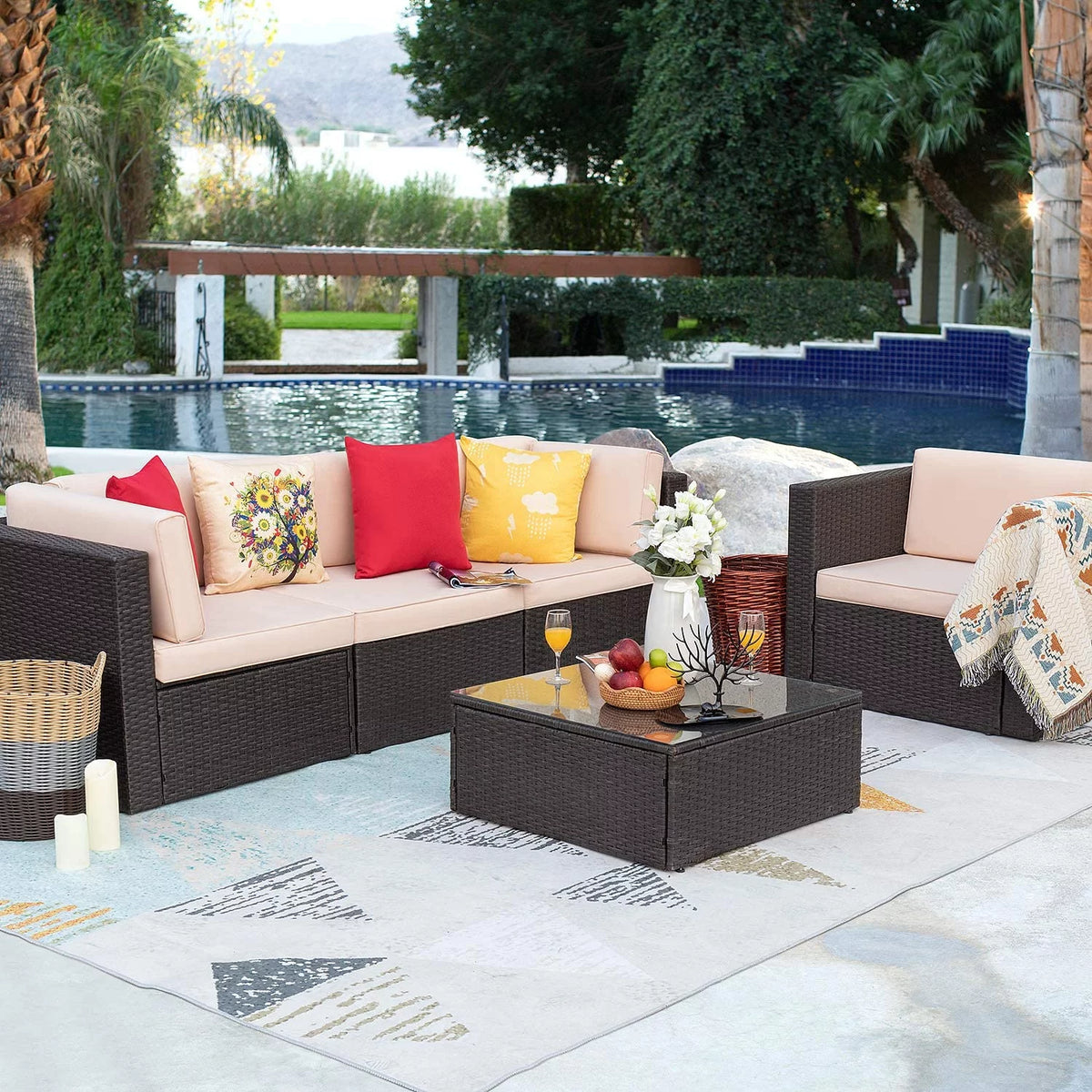 5 Pieces Patio Conversation Set Rattan Sectional Sofa with Glass Table Y703