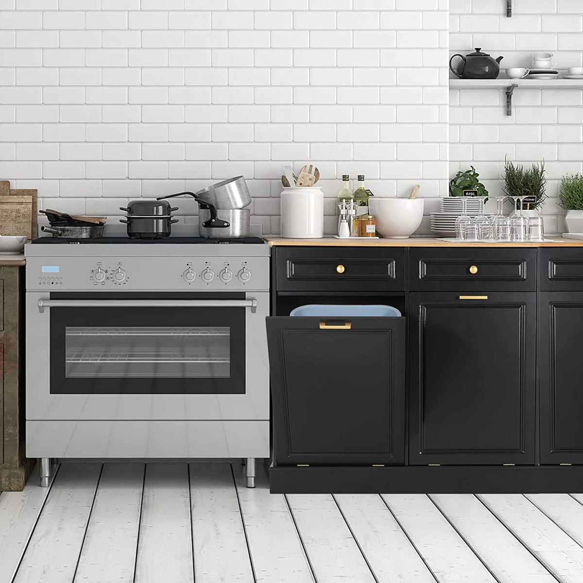 Black Double Tilt Out Trash Cabinets with Drawers Wooden Recycling Cabinet P53541