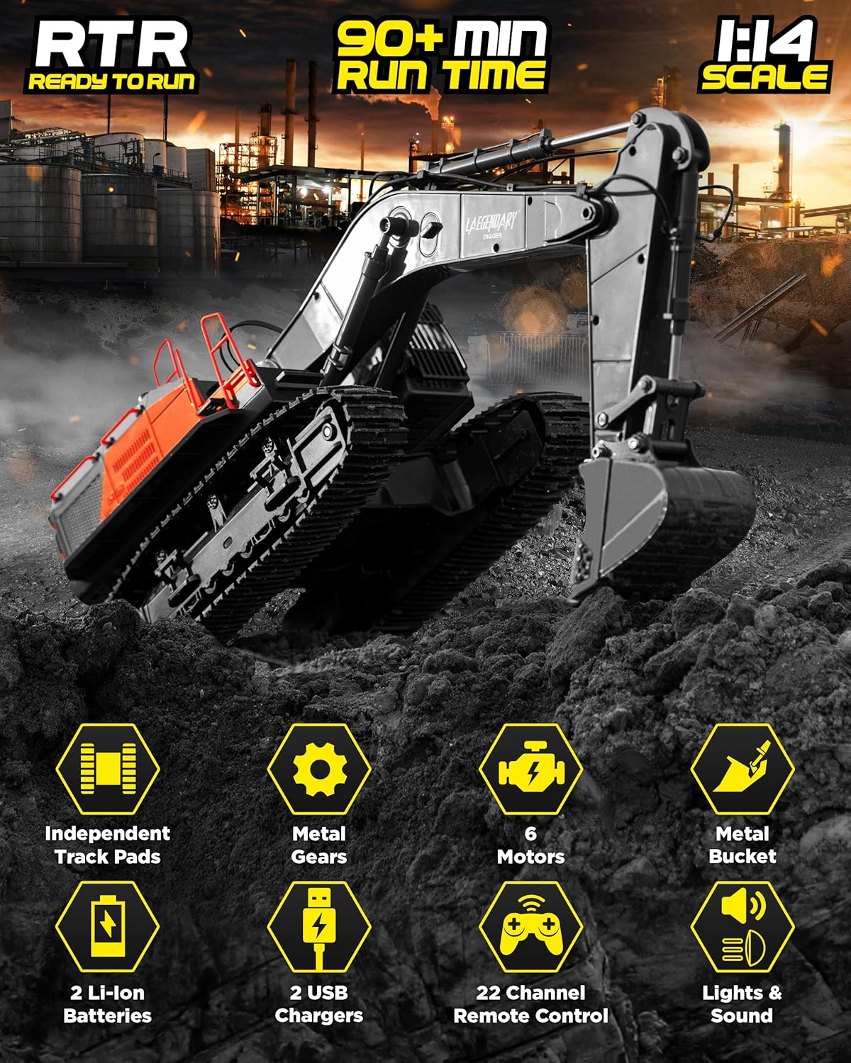1:14 Scale Remote Control Excavator Toy with Metal Shovel, 2 Batteries & 2 Chargers H78958