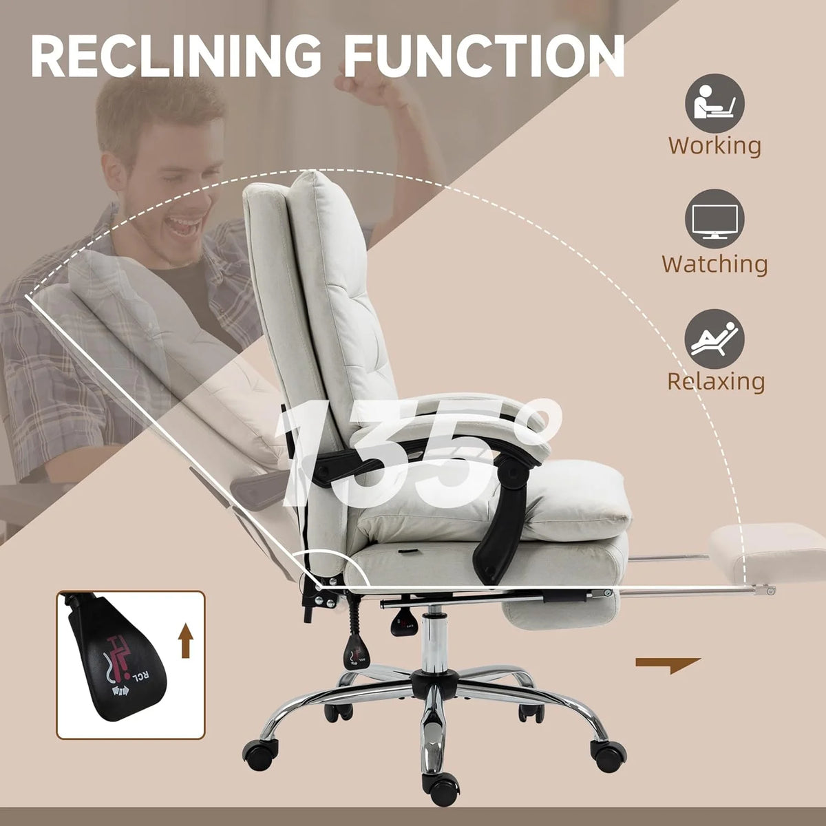 Cream White Microfibre Heated Reclining Massage Office Chair with Footrest C5181