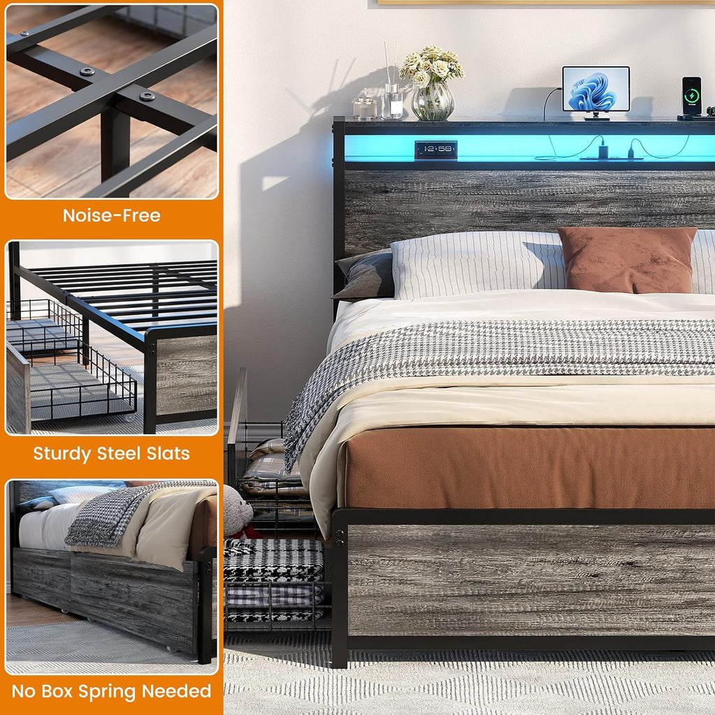 Black Oak Queen Size Bed Frame with 4 Storage Drawers O27514