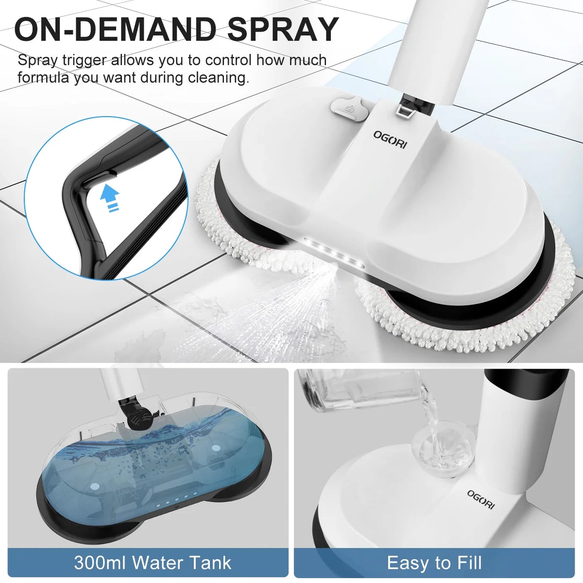 Cordless Electric Spin Mop with 300ml Water Tank and LED Headlight O88957