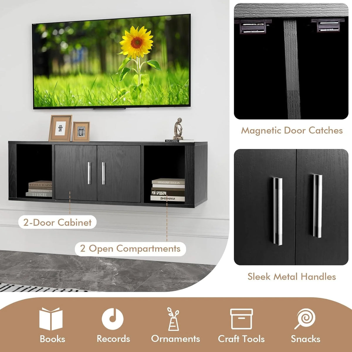 Black Wall Mounted Storage Cabinet with 2 Doors and 2 Open Shelves I211788