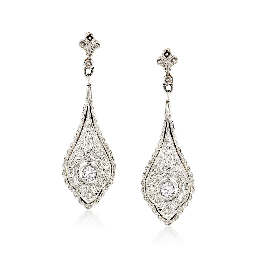 Vintage Diamond Filigree Drop Earrings in Platinum and 18kt Yellow Gold F9235