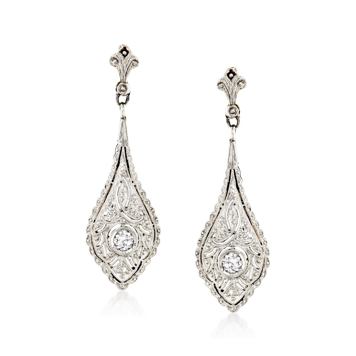 Vintage Diamond Filigree Drop Earrings in Platinum and 18kt Yellow Gold F9235