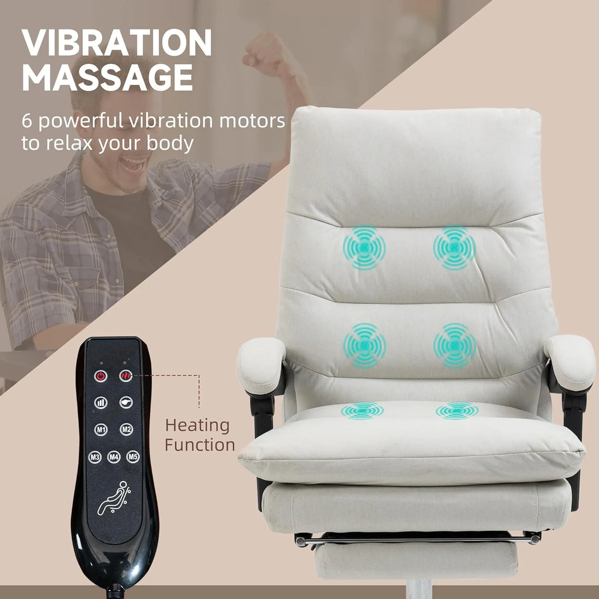 Cream White Microfibre Heated Reclining Massage Office Chair with Footrest C5181