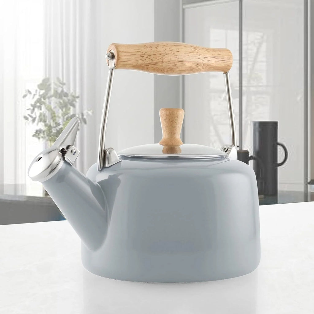 Enamel On Steel Whistling Teakettle with Wood Handle, 1.4 Quarts Q90381